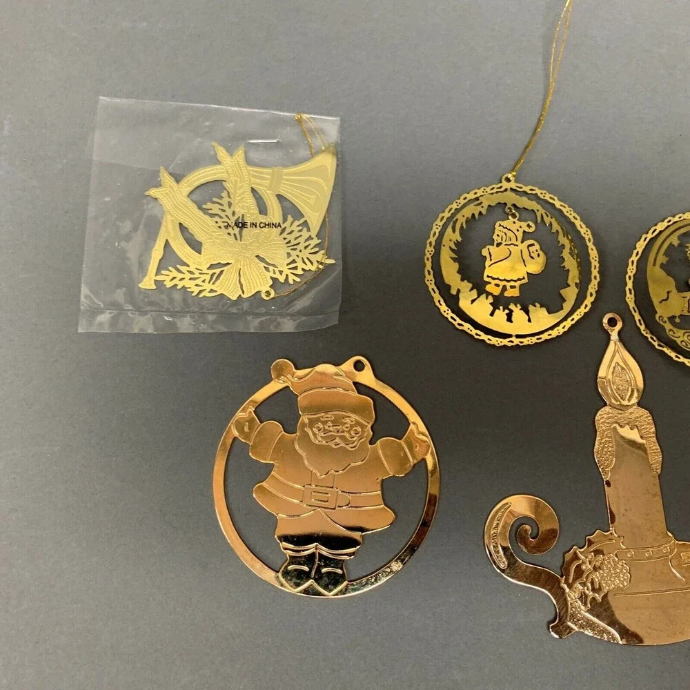 3D Brass Christmas‎ Ornaments Candle Santa Claus Horn Wreath Angel Lot of 6